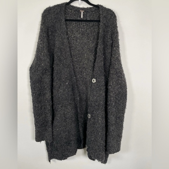 Free People Alpaca Wool Blend Sweater Size Large Grandpa Cardigan Oversized Gray - Picture 3 of 10